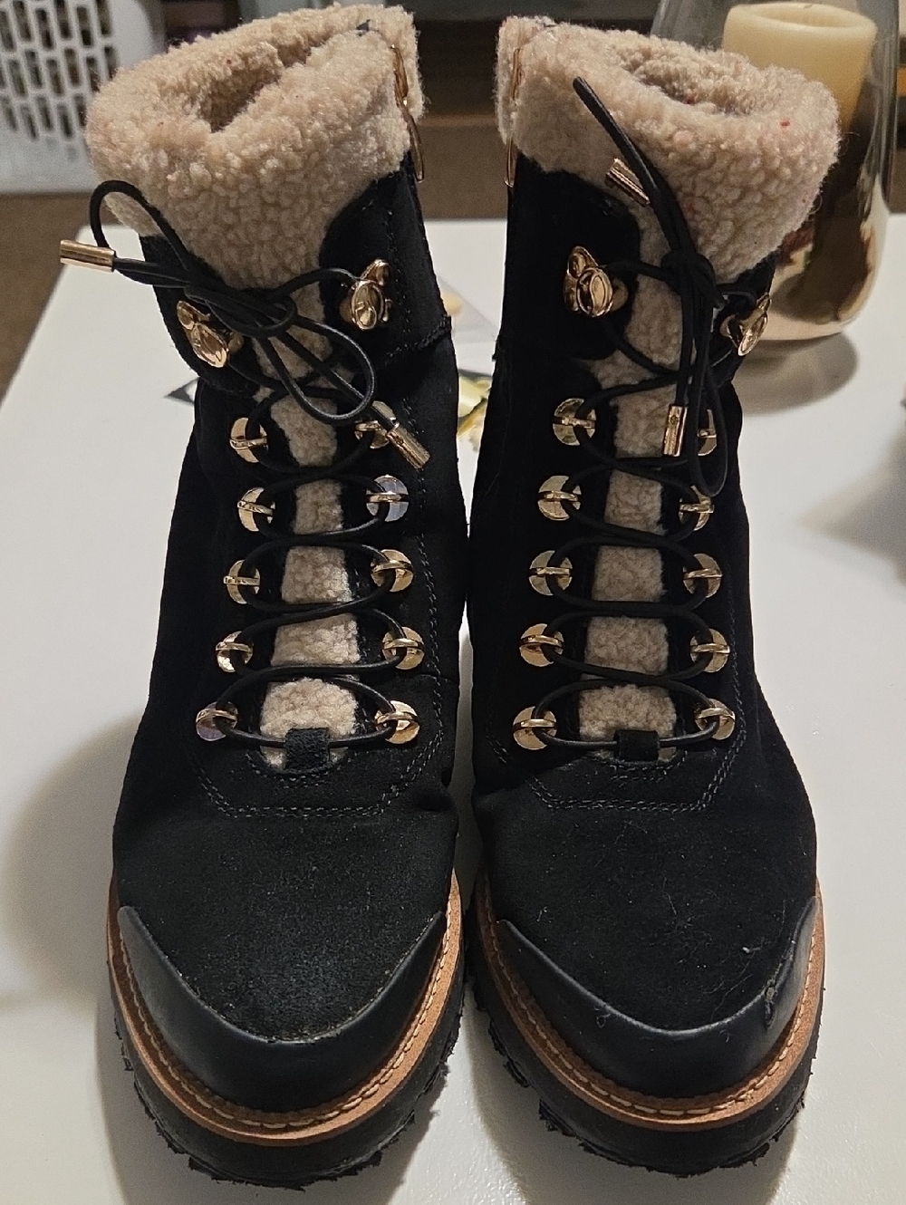 Black Faux-Shearling Lace-Up Winter Ankle Boots with Gold Hardware